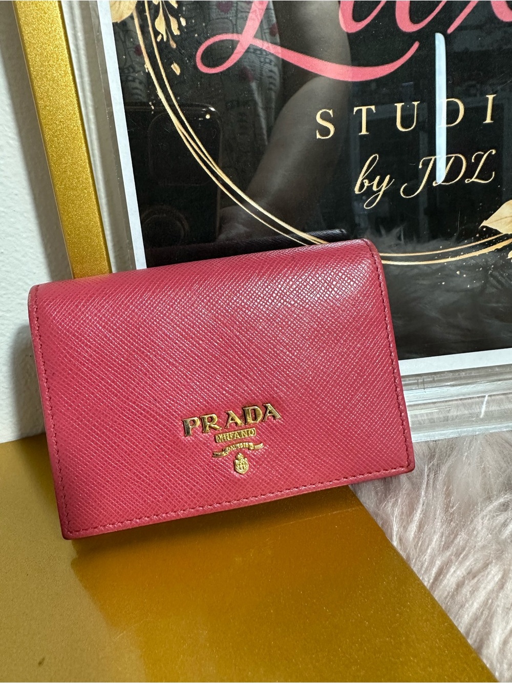 Prada Pink Saffiano Bi-Fold Wallet with Gold Logo